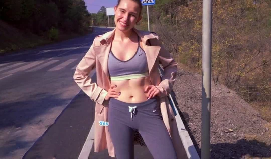 An athletic chick fell for a pickup truck and is now fucking outdoors