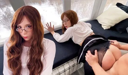 Young shy woman with glasses tried her friends shaft