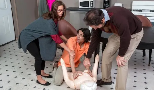 Mature husband and wife teach a cute  to fuck in all positions at home