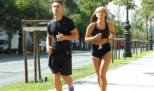 Russian in the shower after jogging fucks with an athletic guy to orgasm and cum