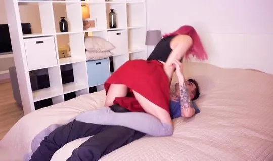 Young couple on the bed filming their homemade porn in different positions