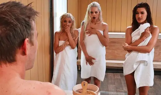 Three sexy harlots let big dicks into the cracks during a group sex