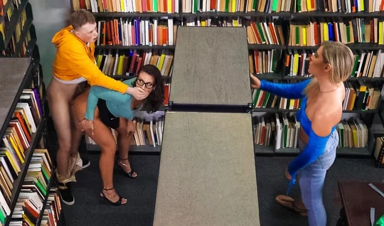 Brunette standing up fucked with a student in the library